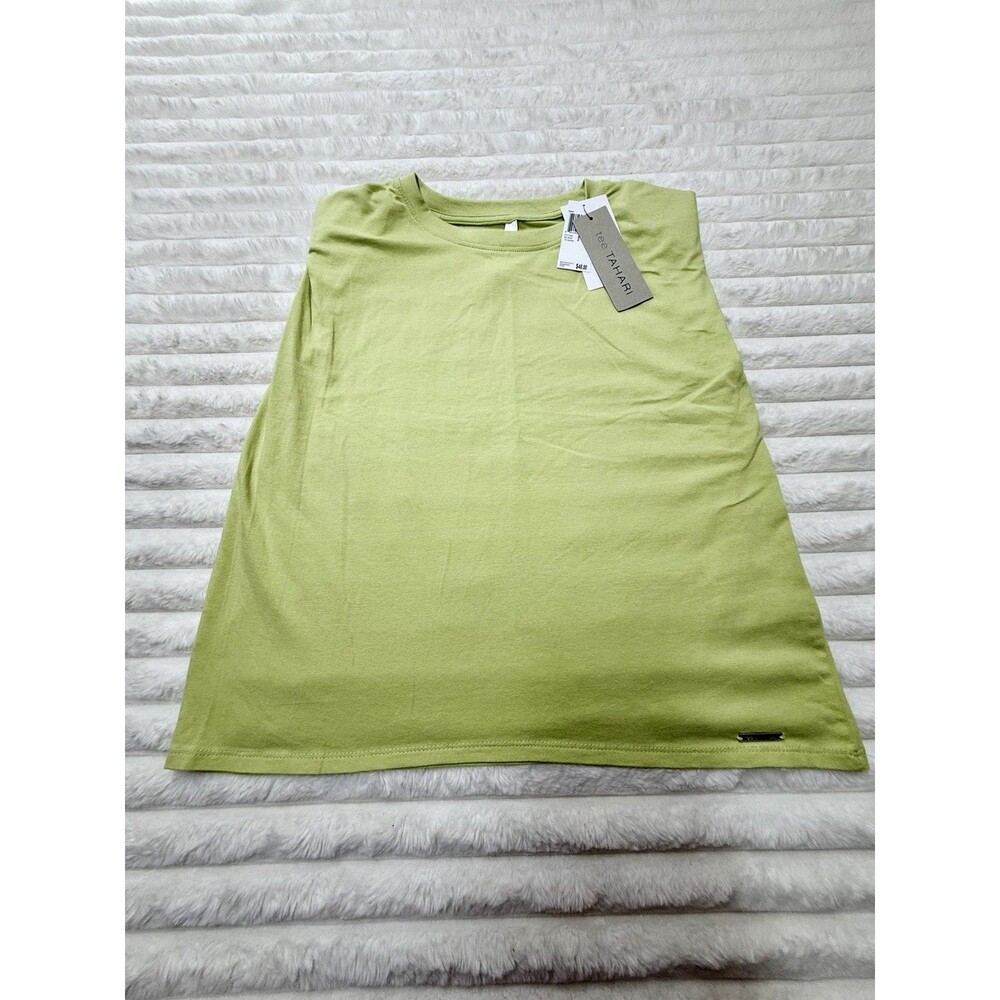 tee TAHARI Women’s S/P Green Solid Logo Knit Stretch T-Shirt Short Sleeve Crew